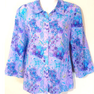 Christopher & Banks Women Size M Purple Blue Boho 3/4 Sleeve Button Up Top